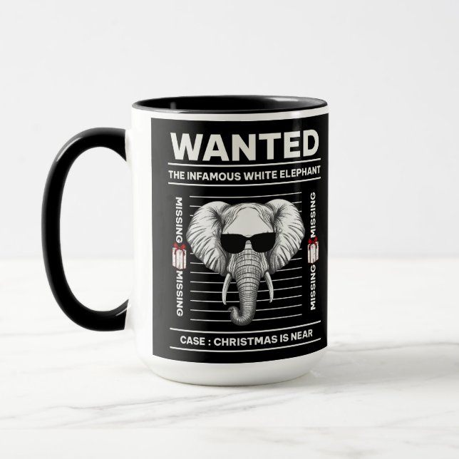 Wanted White Elephant Funny Christmas Mug (Left)