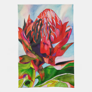 Waratah Australian native flower watercolor Kitchen Towel