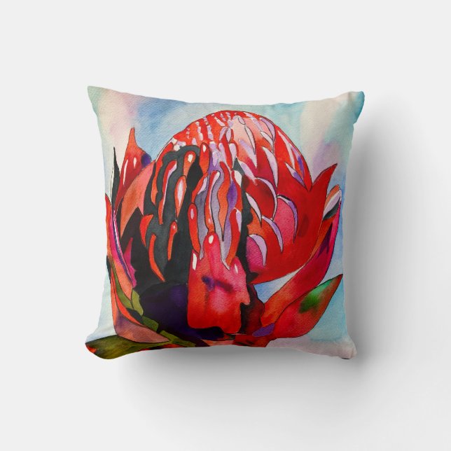 Waratah Australian native flower watercolor Throw Pillow (Front)