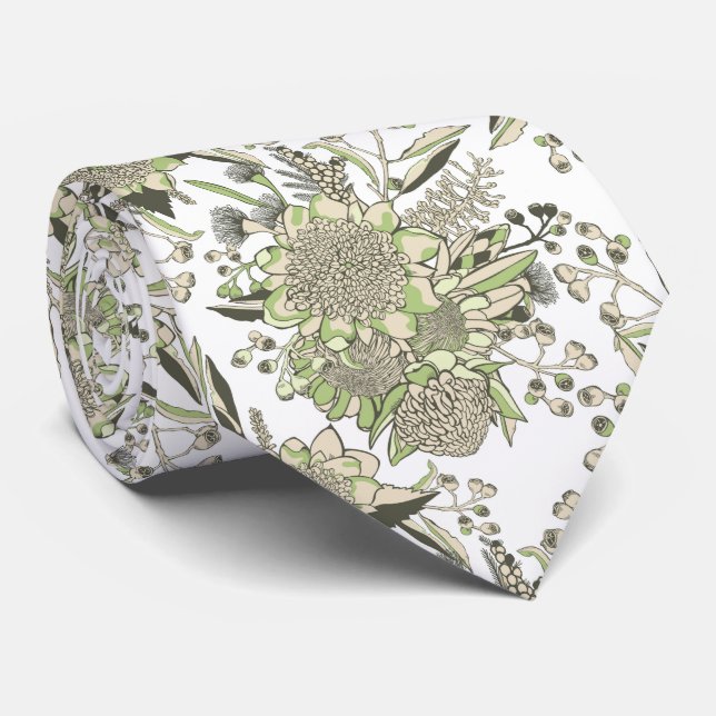 Waratah & Gumnut Eucalyptus - Green And White Tie (Rolled)