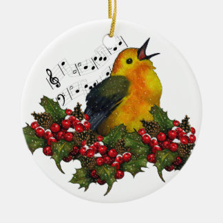 Warbler in Snow With Christmas Holly: Art Ceramic Ornament