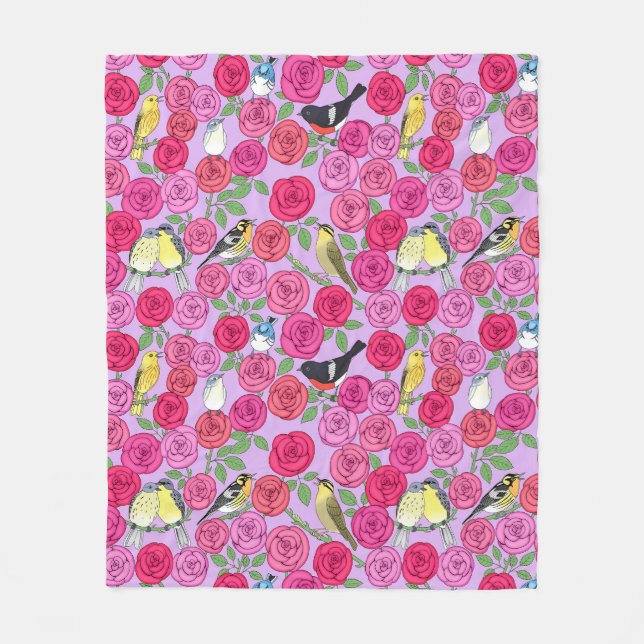 warblers and roses on lavender Fleece Blanket (Front)