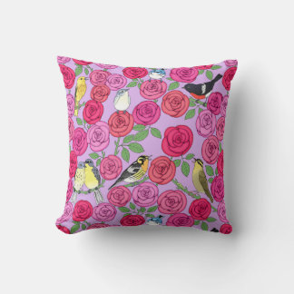 warblers and roses on lavender throw pillow