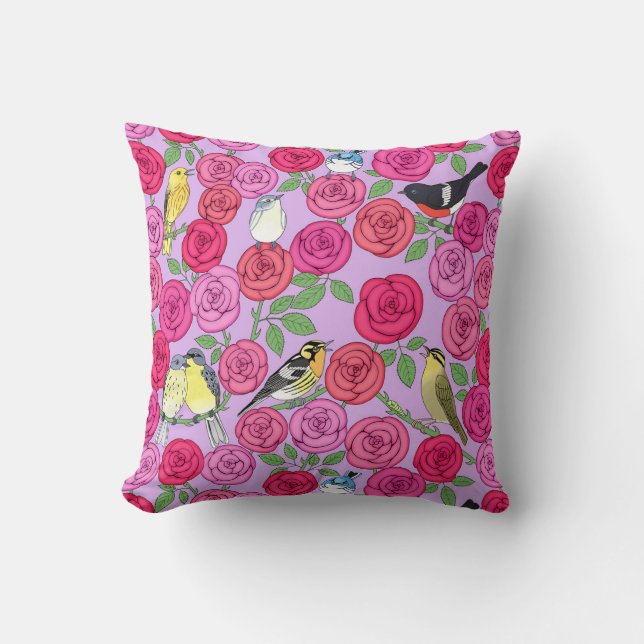 warblers and roses on lavender throw pillow (Front)