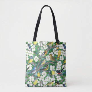 warblers in the flowering dogwood tote bag