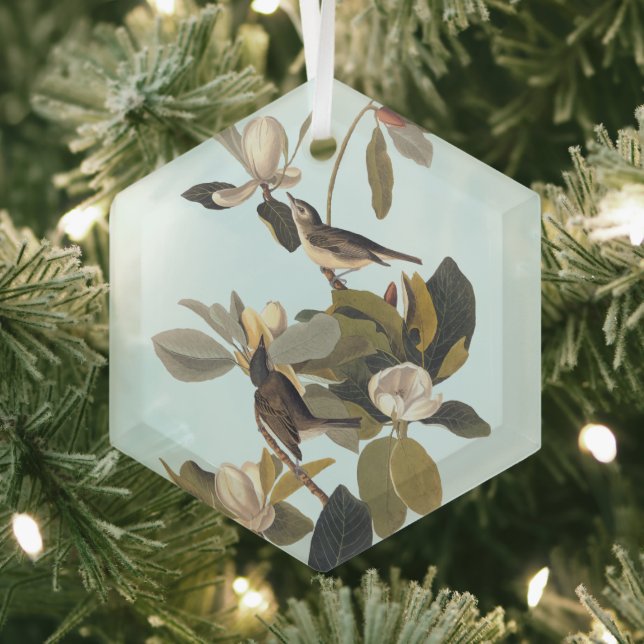 Warbling Flycatcher Kingbirds Vintage Audubon Glass Ornament (Insitu)