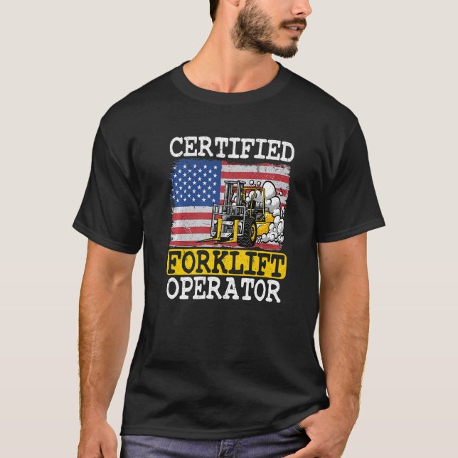 Warehouse American Flag Forklift Certified Forklif T-Shirt (Front)
