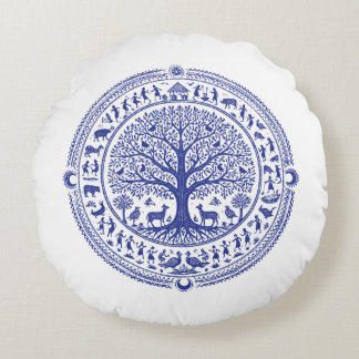 Warli Art Indian Tribal Illustration | Minimalist  Round Pillow