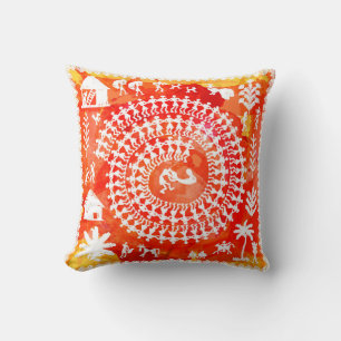 Warli painting - hand drawn traditional the ancien throw pillow