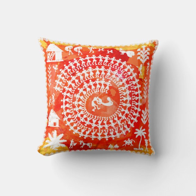 Warli painting - hand drawn traditional the ancien throw pillow (Front)