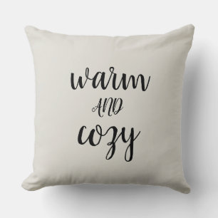 Warm and Cozy Christmas Black Script Throw Pillow