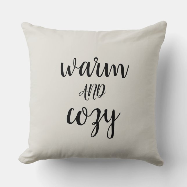 Warm and Cozy Christmas Black Script Throw Pillow (Front)