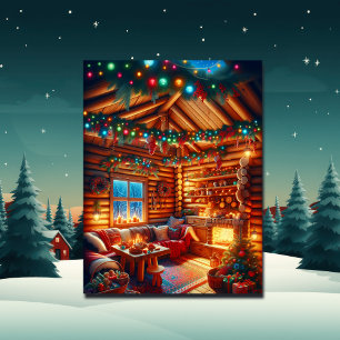 Warm and Cozy Log Cabin Christmas Greetings Postcard