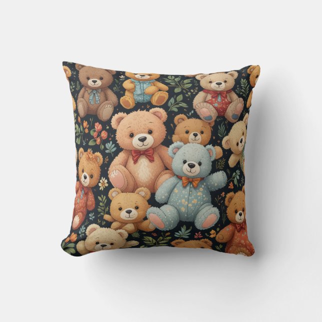 Warm and Cozy Teddy Bear Meadow Throw Pillow (Front)