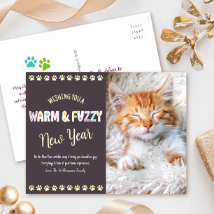 Warm and Fuzzy New Year Pet Photo Purple Real Gold Foil Holiday Postcard