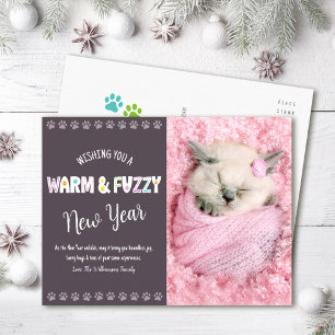 Warm and Fuzzy Pet New Year Photo Typography Plum Holiday Postcard