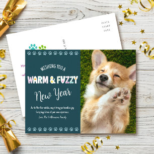 Warm and Fuzzy Pet New Year Photo Typography Teal Holiday Postcard