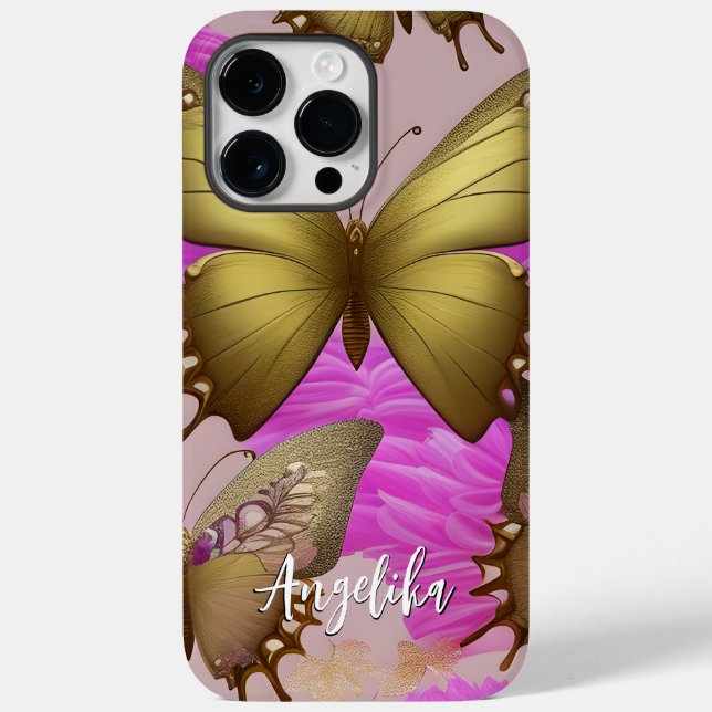 Warm and Fuzzy Pink | Gold Butterfly Personalized Case-Mate iPhone Case (Back)