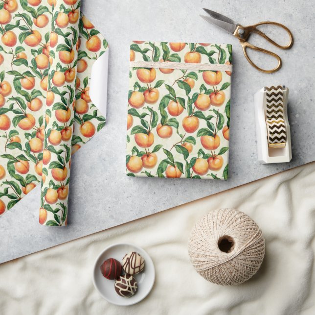 Warm Apricot Botanical Peach Illustration Wrapping Paper (Crafts)