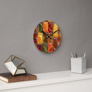 Warm Autumn Glass Tile Mosaic - Glossy Amber Round Clock