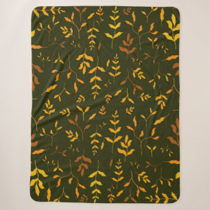 Warm Autumn Gold Leaves Dark Green Pattern Sherpa Blanket