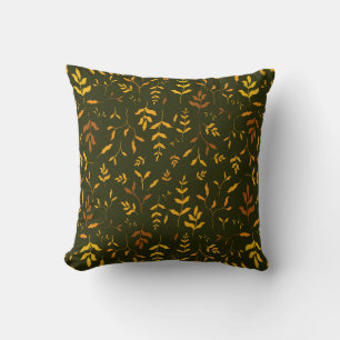 Warm Autumn Gold Leaves Dark Green Pattern Throw Pillow
