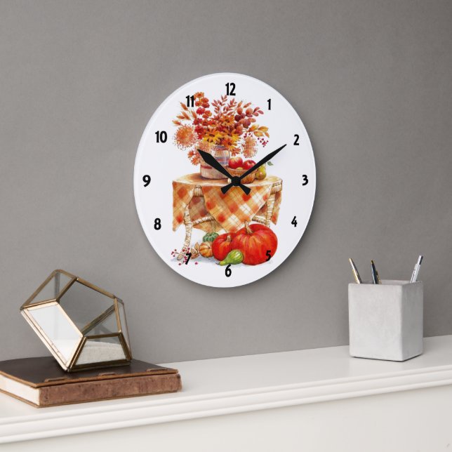 Warm  Autumn Harvest Table Still Life Large Clock (Office)