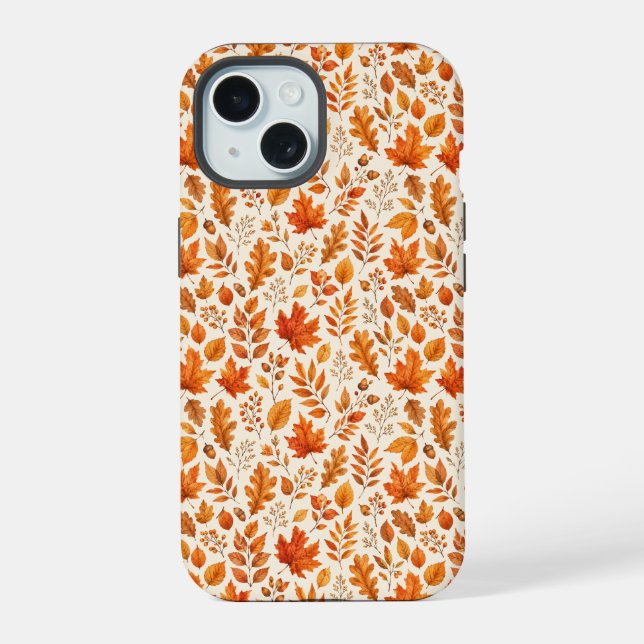 Warm Autumn Leaves Seamless Pattern iPhone 15 Case (Back)