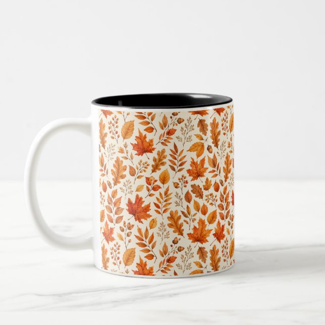Warm Autumn Leaves Seamless Pattern Two-Tone Coffee Mug (Left)