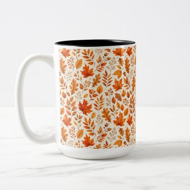 Warm Autumn Leaves Seamless Pattern Two-Tone Coffee Mug (Left)