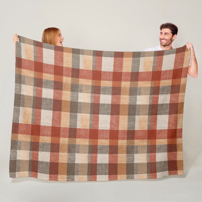 Warm Autumn Plaid Fabric Texture in Rust and Beige Fleece Blanket (In Situ)