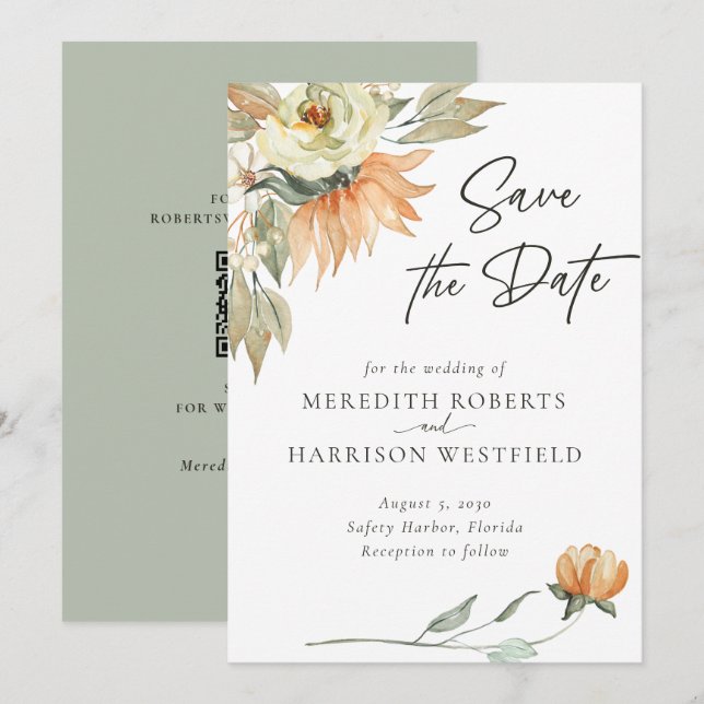 Warm Autumn Sunflowers Sage Burnt Sienna Wedding Save The Date (Front/Back)