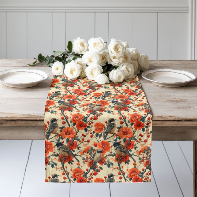 Warm Autumn Table Runner with Birds Rustic Florals (Warm Autumn Table Runner with Birds Rustic Florals)