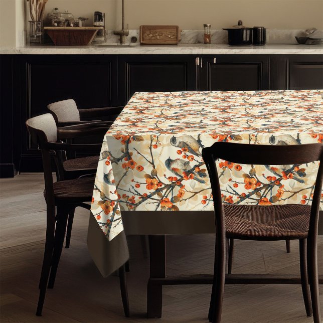 Warm Autumn Tablecloth with Birds Rustic Flowers (Warm Autumn Tablecloth with Birds Rustic Flowers)