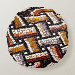 Warm Autumn Toned Roman Tile Mosaic Round Pillow
