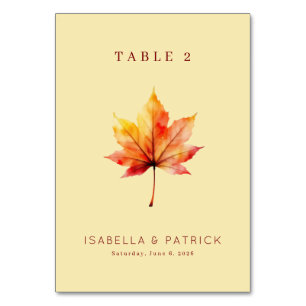Warm Autumn Watercolor Maple Leaf Table Number