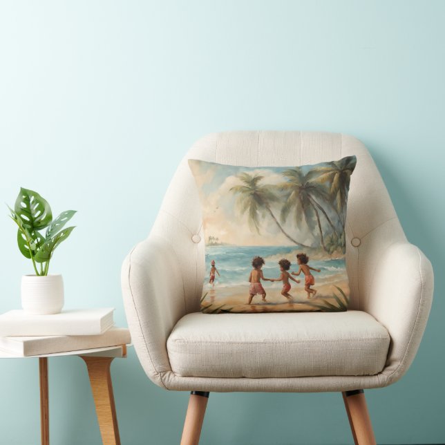 Warm Beach Scene Children Painting Throw Pillow (Chair)