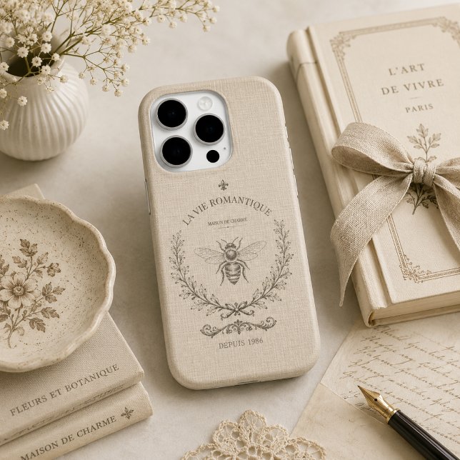 Warm Beige Bee Engraving | French Country Rustic  iPhone Case (Creator Uploaded)