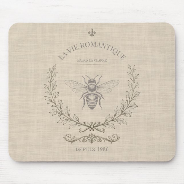 Warm Beige Bee Engraving | French Country Rustic  Mouse Pad (Front)