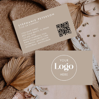 Warm Beige Elegant Custom Company Logo QR Code Business Card