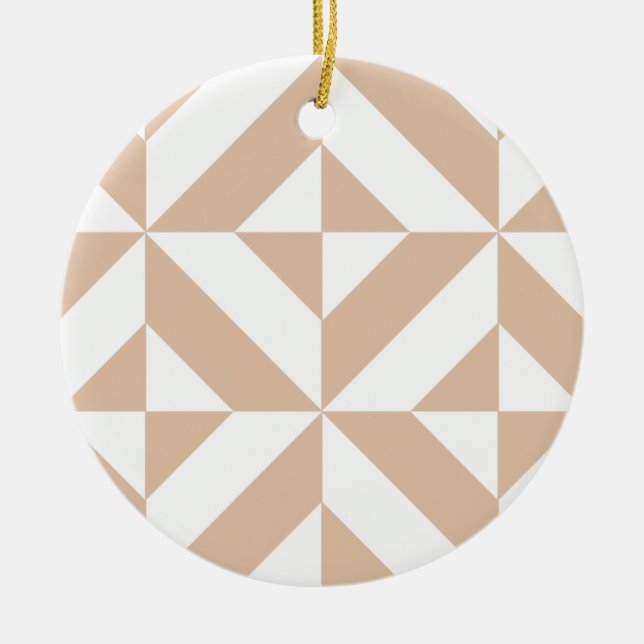 Warm Beige Geometric Deco Cube Pattern Ceramic Ornament (Front)