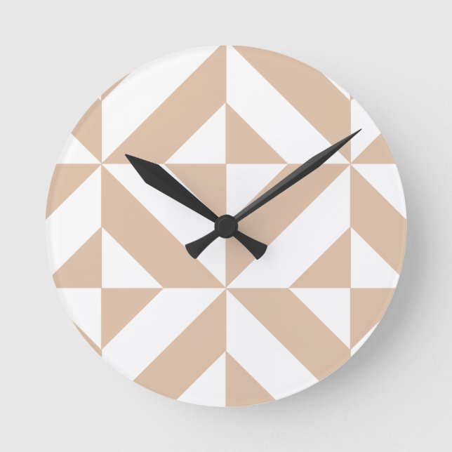 Warm Beige Geometric Deco Cube Pattern Round Clock (Front)