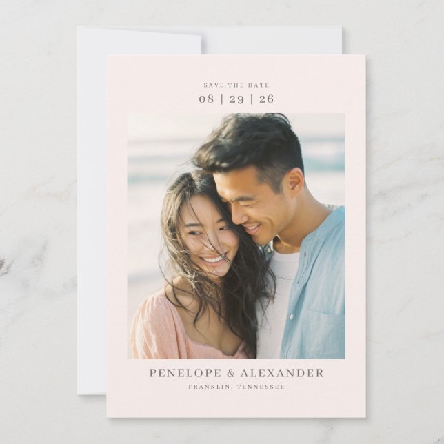 Warm Beige Minimalist Photo Save The Date (Front)