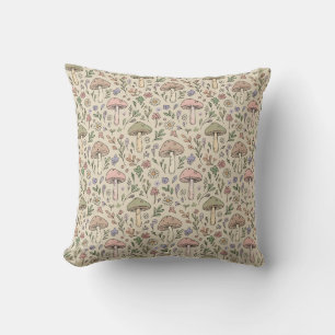 Warm Beige Neutral Fungi Seamless Pattern Boho Throw Pillow