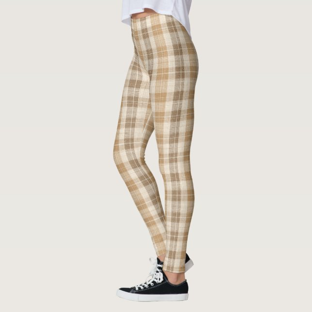 Warm Beige Plaid Linen Texture with Weaves Leggings (Left)