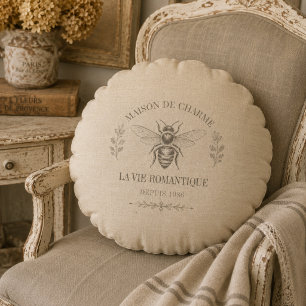 Warm Beige Vintage French Country Engraving Bee Round Pillow