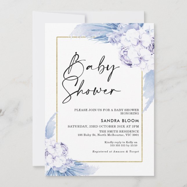 Warm Blue Boho Pampas Grass Frame Baby Shower Invitation (Front)