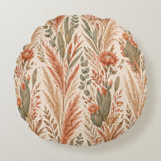 Warm Boho Botanical Terracotta Desert Flowers Round Pillow