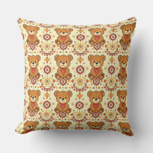 Warm Boho Teddy Bear and Autumn Floral Seamless Throw Pillow