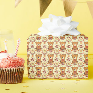 Warm Boho Teddy Bear and Autumn Floral Seamless Wrapping Paper